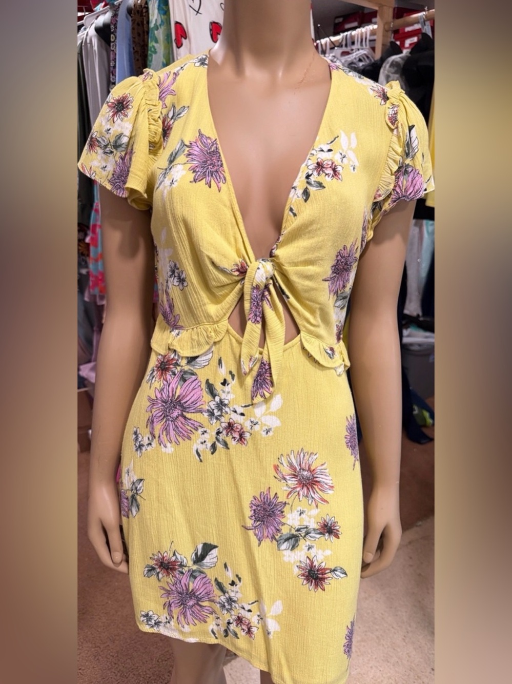 Cotton Candy Yellow Floral Tie-Front Mini Dress